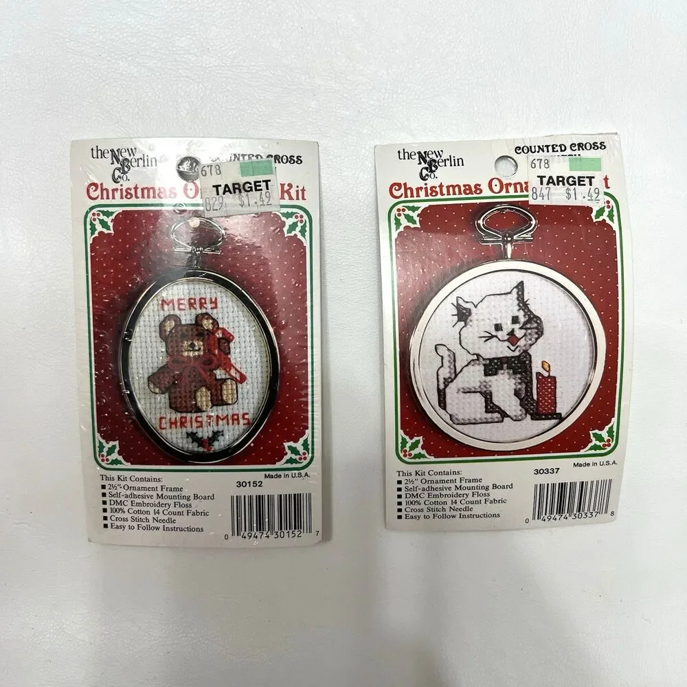 The New Berlin Co Cross Stitch Christmas Ornament Bundle Cat Teddy Bear Craft